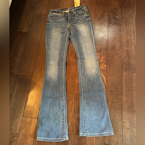 Michael Kors Medium Wash Faded Denim Low-Rise Flared Jean - Picture 2 of 6